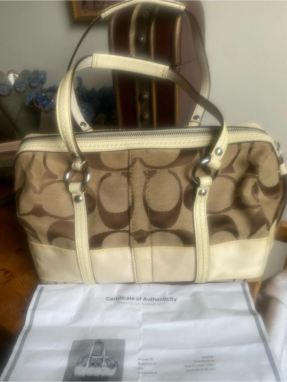 Coach Khaki Signature Canvas Satchel / Shoulder Bag w/ COA